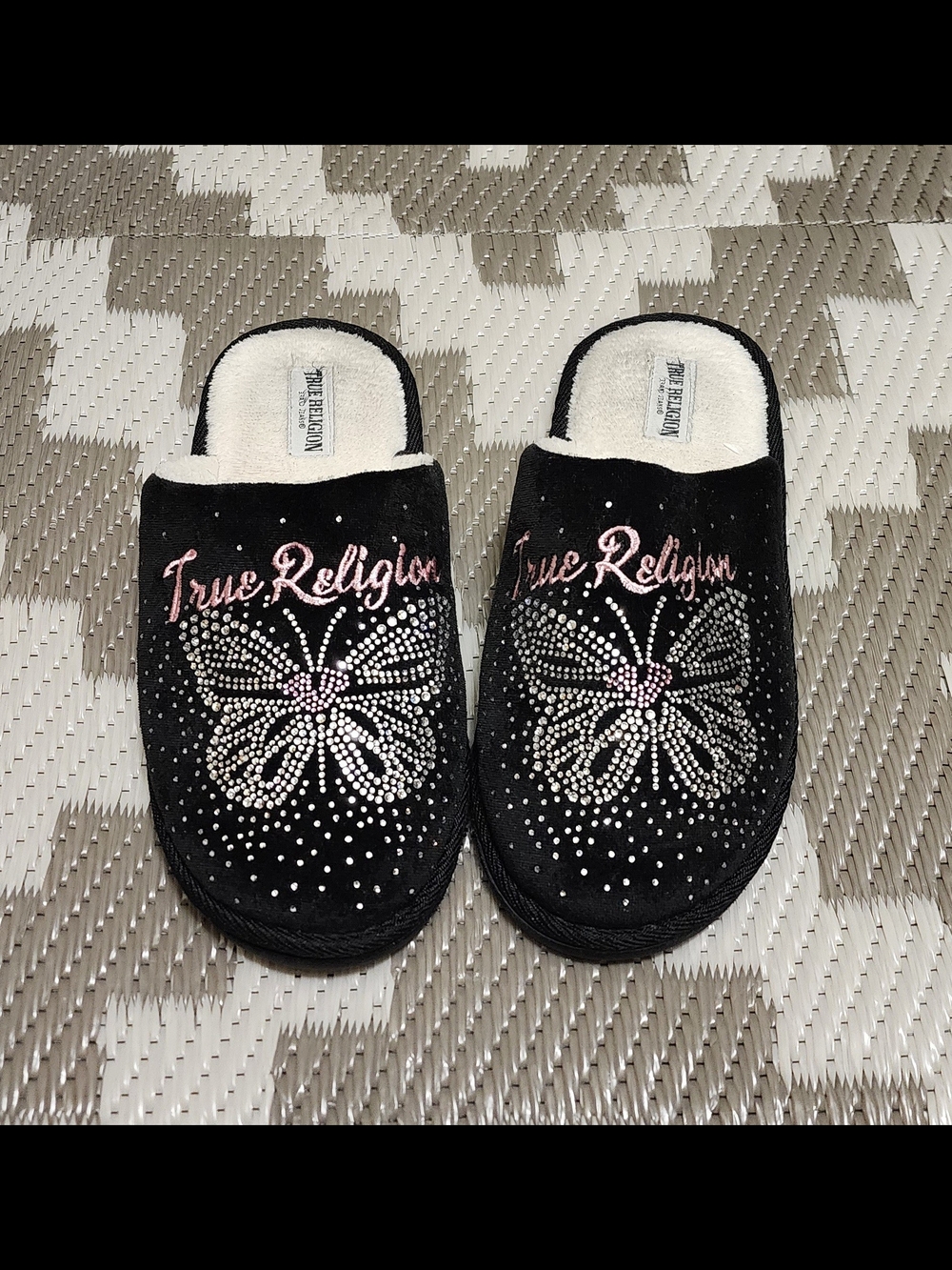 True Religion Black Butterfly Rhinestone Slippers
